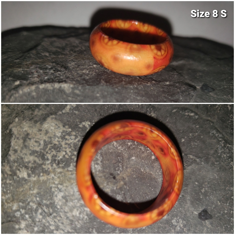 Elegant Orange Swirl Wooden Ring Size 8